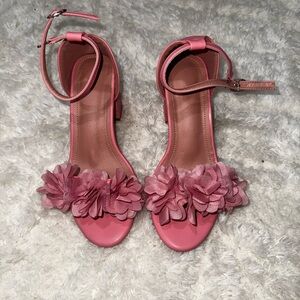 Pink Floral Ruffled Heels with Ankle Strap